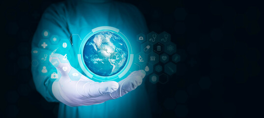 world health day concept. Doctor's hand holds earth globe isolated on digital dark background....