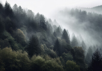 a foggy forest with fog covering the tops of trees, in the style of landscape-focused