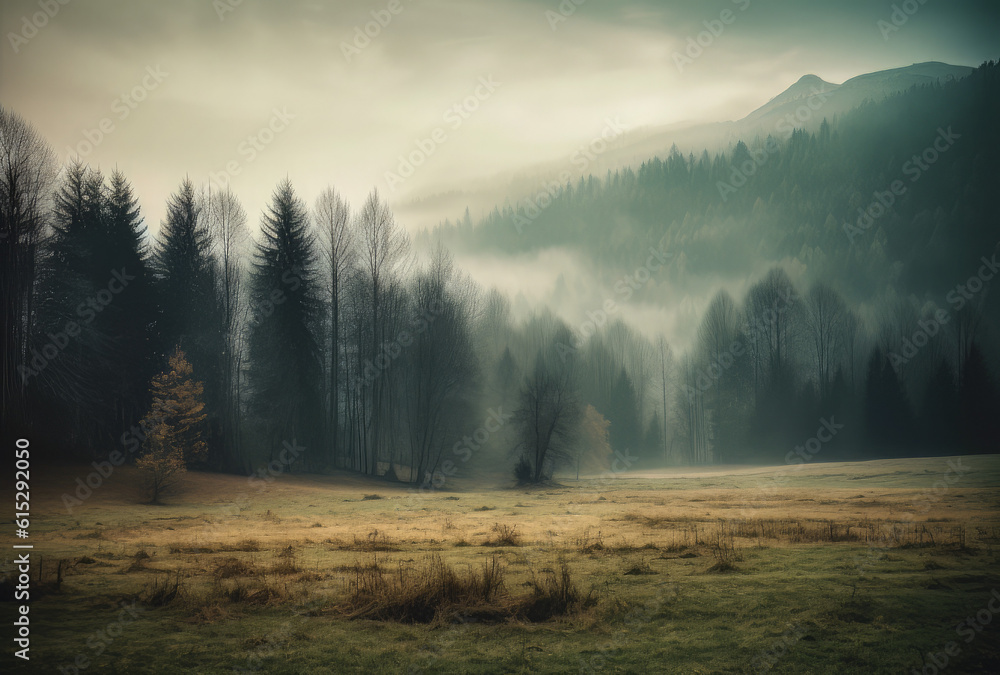 Canvas Prints a tree field in the fog with mountains near the background, in the style of a large canvas format