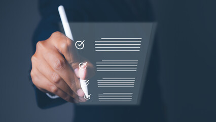 Businessman checkbox correct sign mark for document approve. acceptance and quality agreement,...