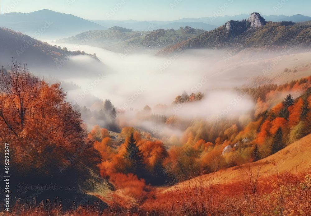 Canvas Prints fog and mountains at the sun rise over the fall foliage, in the style of retro filters