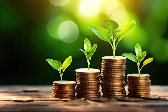 Emerging Wealth: Green Sprouts on Coin Stack. The image beautifully represents the idea of investments and savings growing over time, promising a fruitful future.