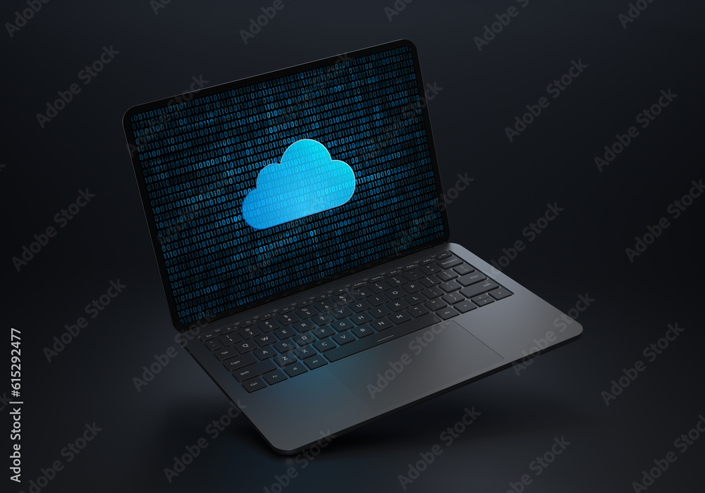 Poster laptop device on a dark background with a stylish angled placement showing a digital cloud storage i