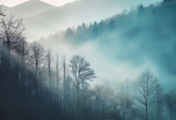 fog smoggy forest in foggy woods with mountains and trees, in the style of light cyan and navy