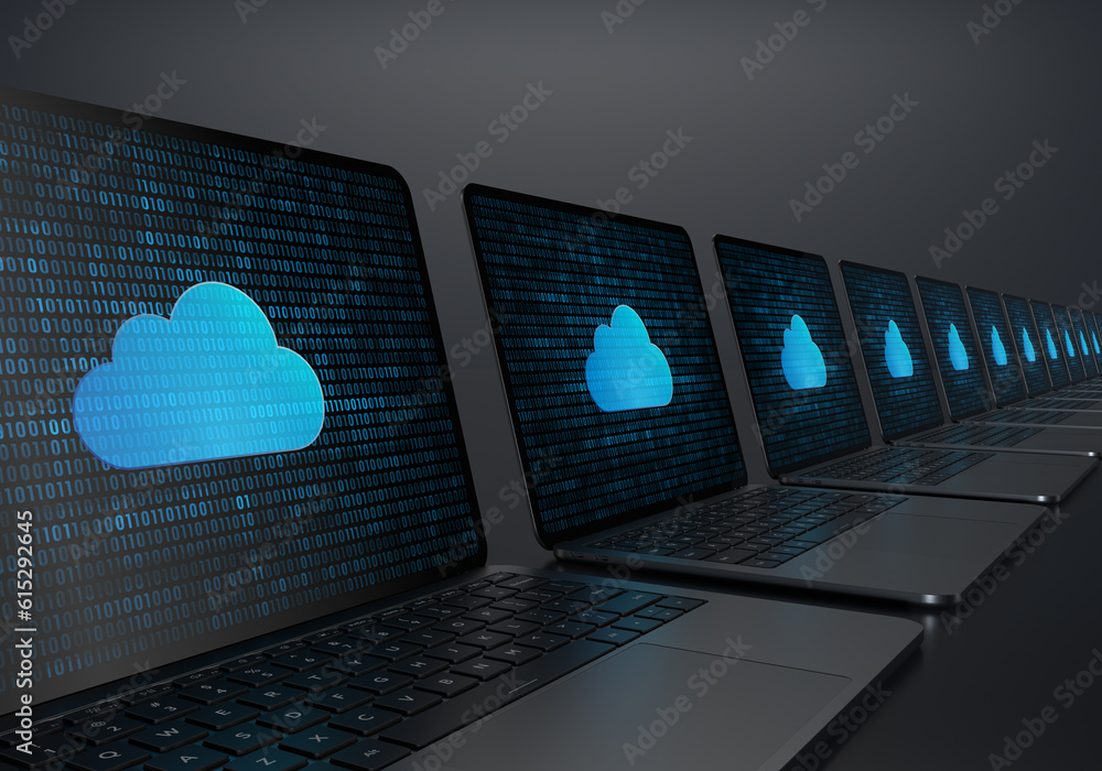 Poster laptop devices lined up diagonally with digital cloud storage icon on their screens on a dark backgr
