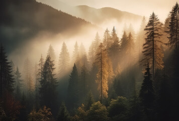image of pine forest in the fog on the forest, in the style of mountainous vistas, light bronze and green