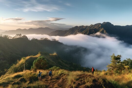 Panoramic mountain view with hikers on trail in early hours, beauty of nature awakening. Generative AI