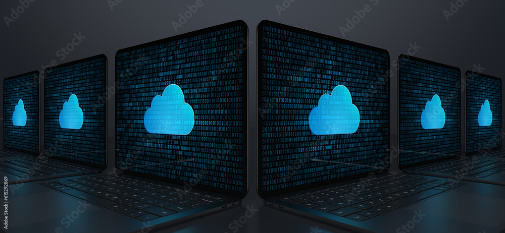 Poster laptop devices forming an angle with a digital cloud storage icon on their screens on a dark backgro