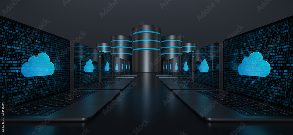Poster two rows of laptop devices with a digital cloud icon on their screens forming a pathway leading to d