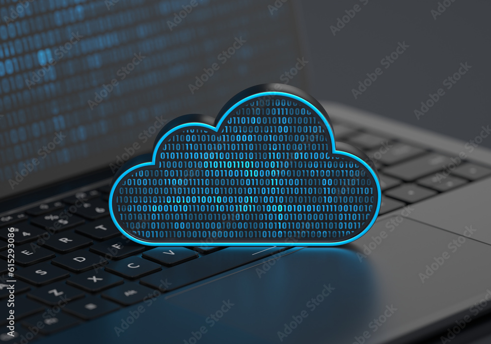 Poster a digital data storage cloud placed on a laptop keyboard with soft depth of field on a dark backgrou