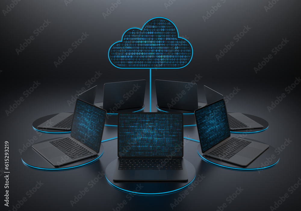 Poster laptop devices in circular arrangement connected to a cloud data storage server on a dark background