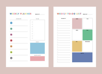 set of Weekly to do list planner. (Rainbow) Minimalist planner template set. Vector illustration.	 