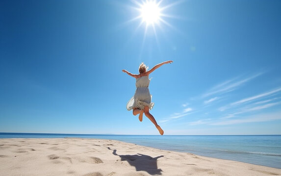Girl jumping. Under the shimmering afternoon light, a girl jumps playfully on the beach, her surroundings painted in a vibrant blue by the clear sky.  Generative AI