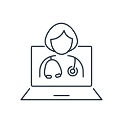 Woman doctor on laptop screen. Medical information online. Digital healthcare and network connection, insurance, consultation. medical technology concept.Vector linear icon isolated on white backgroun