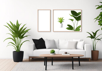 Interior of modern living room with white sofa and plant in pot. Generative AI