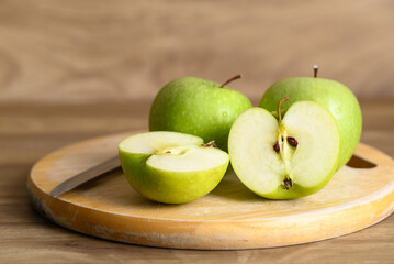Green apple fruit on cutting wooden board, Healthy fruit