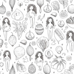 A seamless pattern with the image of a mother pregnancy time and the words love with symbol