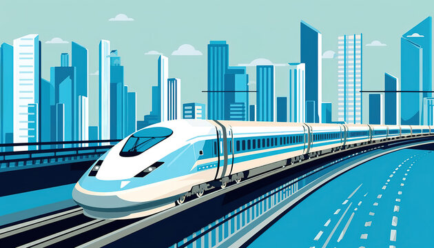High-speed train on the background of the urban landscape. illustration art, generative AI image.