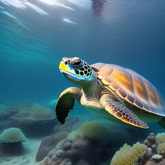 Fototapeta premium Sea Turtle Swimming Underwater During Daylight. Generative AI. AI.