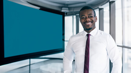 Black Business Man Executive Introducing a Modern Tech Startup in front of a TV Banner Introduction Mockup Advertisement Template. AI Generative