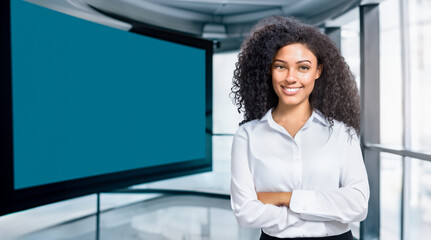Fototapeta na wymiar Black Business Woman Executive Introducing a Modern Tech Startup in front of a TV Banner Introduction Mockup Advertisement Template. AI Generative