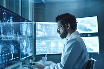 The future of Health in Science and Hospitals Male Doctor in Lab Coat Monitors Computers Holograms X Ray AI Technology Computers Futuristic Healthcare Generative AI