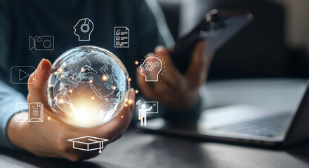 Human hold global technology internet learning and study online class technology network,...