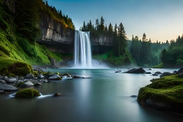 serene waterfall surrounded by lush greenery