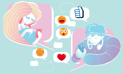 A love couple chatting with handphones. Vector, simple graphic style with pastel color mode.