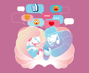 A love couple chatting with handphones. Vector, simple graphic style with pastel color mode.