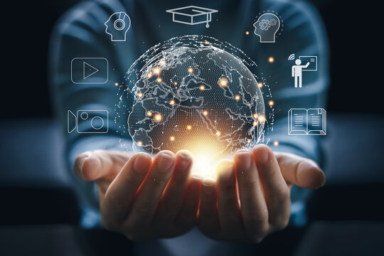 Human hold global technology internet learning and study online class technology network, e-learning, online education, education, training, tutor, video lesson, course, knowledge in homeschool