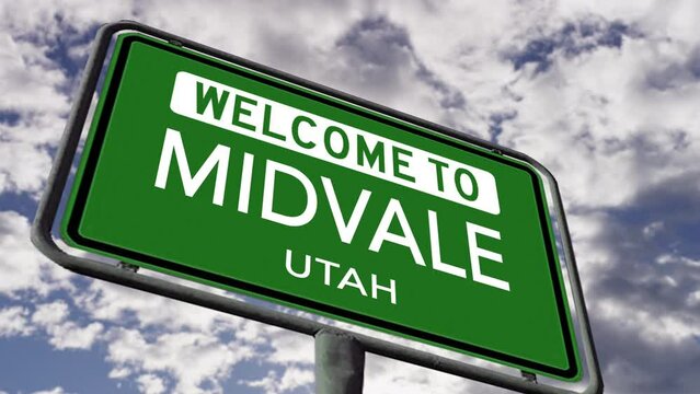 Welcome to Midvale, Utah. USA City Road Sign Close Up, Realistic 3d Animation