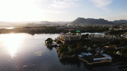 The Leela Palace In Lake Pichola, Udaipur, Rajasthan, India. Aerial Drone Shot