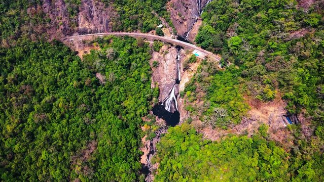 Panoramic Aerial View Of Dudhsagar Waterfalls With Railroad Bridge In Mollem National Park, South Goa, India.