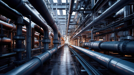 Industrial zone, Steel pipelines, valves, cables and walkways. Generative Ai