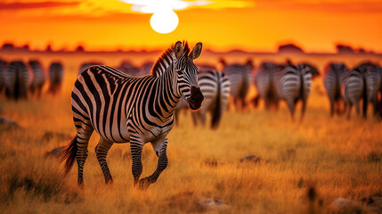 Zebra at sunset in the Serengeti National Park. Generative Ai