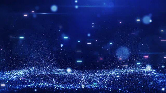 Abstract concept of digital technology. Big database cybersecurity. Data Analytics or Data Science. Bokeh small particles on dark blue background.