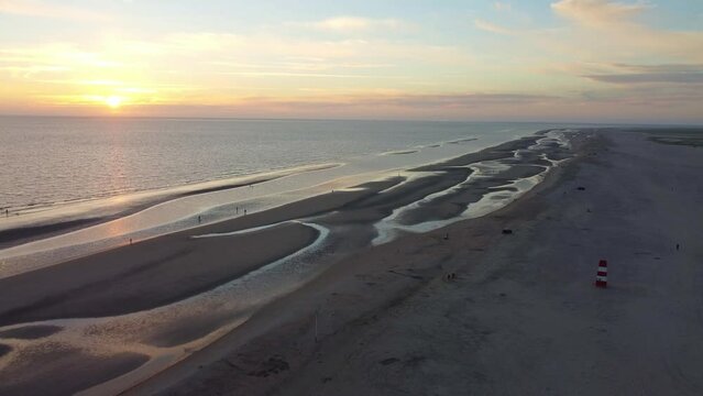 Aerial Shot of Sonderstrand Beach at Sunset on Romo Island, Denmark. 4K Drone Footage