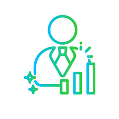 Business man business and finance icon with blue and green gradient outline style. computer, graphic, organization, company, presentation, woman, strategy. Vector Illustration