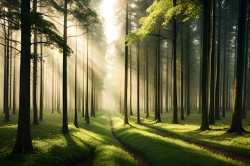 Dense forest with rays of sunlight filtering through the trees