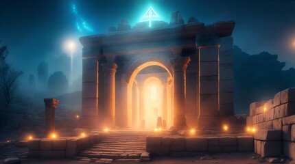 ancient hebrew temple at night with glowing light - obrazy, fototapety, plakaty
