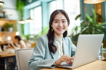 A happy Asian office girl working on her laptop in a cozy cafe, with a blurred background adding to the serene atmosphere. generative Ai.