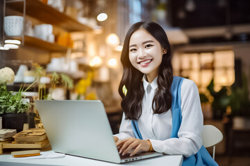 A happy Asian office girl working on her laptop in a cozy cafe, with a blurred background adding to the serene atmosphere. generative Ai.