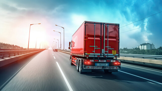 Truck on road with red container, transportation concept. Generative Ai