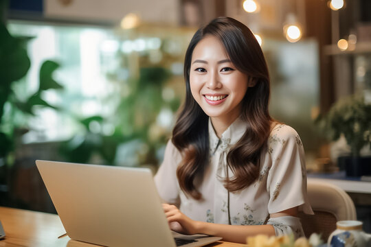 A happy Asian office girl working on her laptop in a cozy cafe, with a blurred background adding to the serene atmosphere. generative Ai.