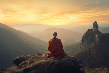 Buddhist monk in meditation at beautiful sunset or sunrise background on high mountain.generative ai - obrazy, fototapety, plakaty