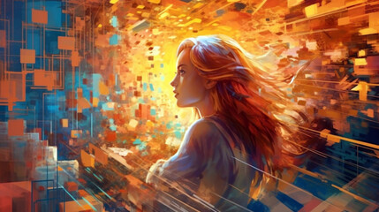 woman on the background of a colorful stream. brainstorming concept image in abstract impressionism style. Generative Ai. 