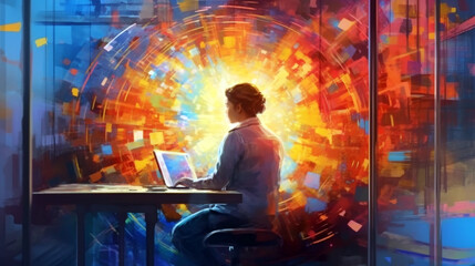 person working on laptop computer at night. brainstorming concept image in abstract impressionism style. Generative Ai. 