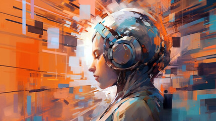 women in headphones on a futuristic background. brainstorming concept image in abstract impressionism style. Generative Ai. 