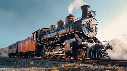 vintage locomotive steam engine with copy space. Generative Ai - obrazy, fototapety, plakaty